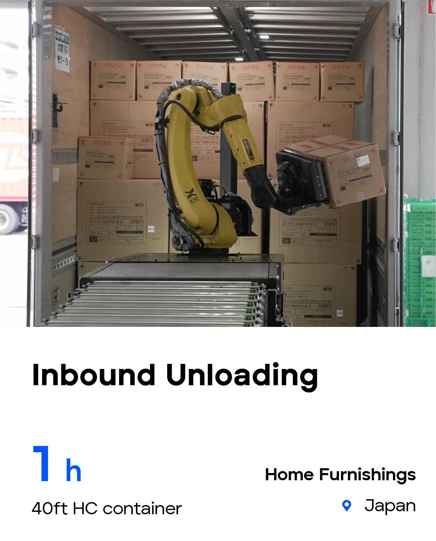 Automated truck unloading at a home furnishings company in Japan