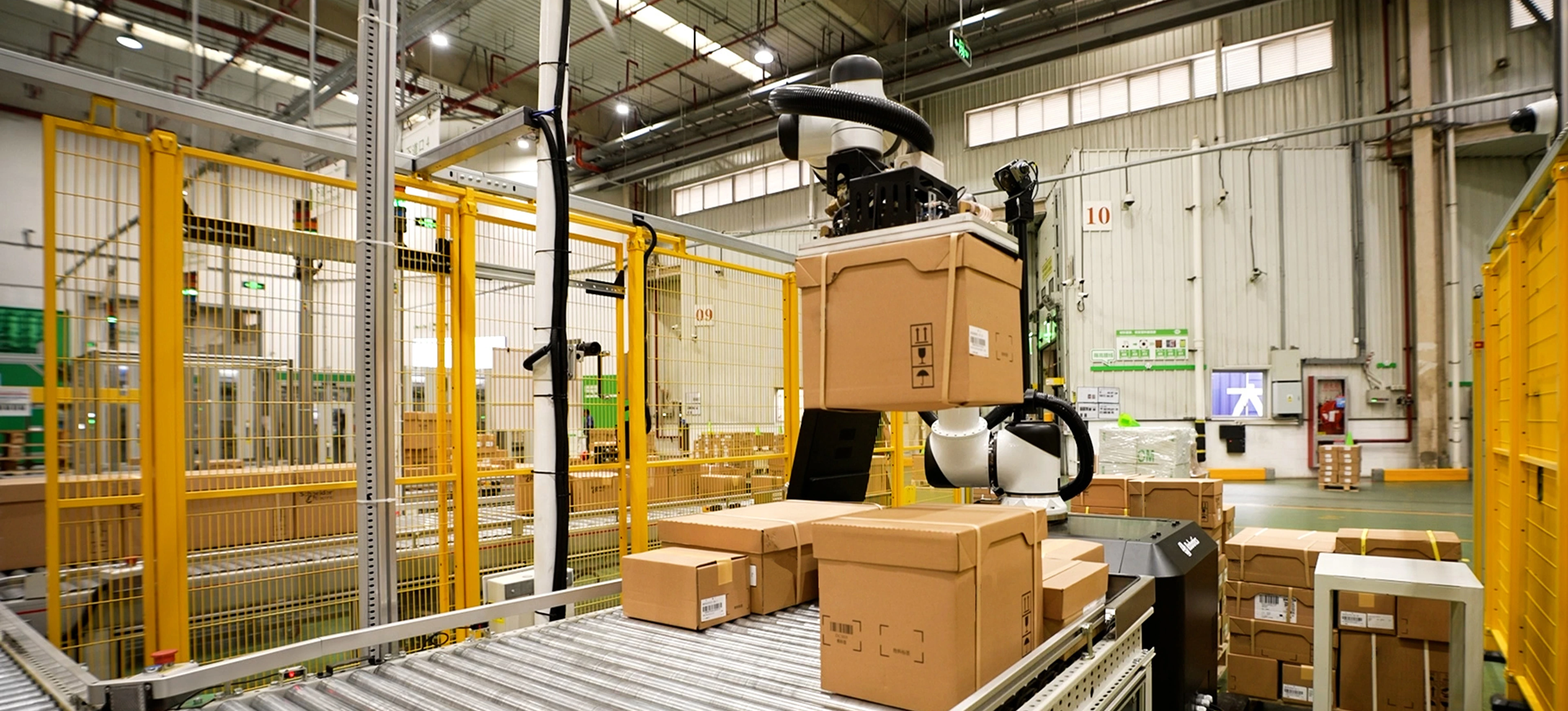 RockyLight preleva casse miste da trasportatori e costruisce pallet ordini nel magazzino